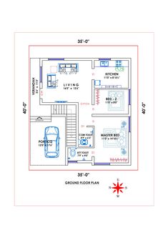 the floor plan for a house with two floors and three car parking spaces on each side