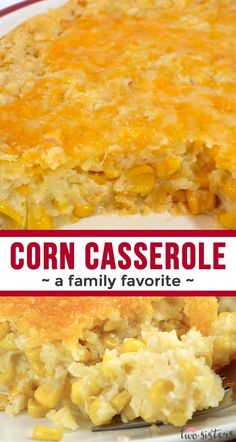 corn casserole on a white plate with a red and white border around it