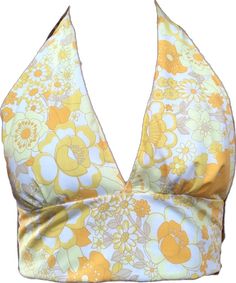 Fitted Summer Tops With Retro Print, Yellow Triangle Top For Spring, Summer Floral Print Triangle Halter Top, Summer Triangle Halter Top With Floral Print, Fitted Floral Print Halter Neck Top, Fitted Floral Print Halter Top, Yellow Halter Neck Top For Vacation, Yellow Triangle Halter Top For Summer, Spring Yellow Triangle Halter Top