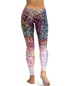 The Gearbunch Colorful Sparkles Leggings are filled with a rainbow of colors, and the print is so detailed from a distance it looks like they are actually made with sequins! The color changes from darker deeper colors and gradually fades to lighter shades. Firm fitting with an elastic waistband, these leggings are perfect for gym, yoga, dance and hanging around the house. Be Happy, Be Bright, Be You with Gearbunch Multicolor Leggings For Spring Party, Multicolor Sequin Party Pants, Multicolor Sequined Party Pants, Sparkle Leggings, Yoga Dance, Gym Yoga, Pink Leggings, Deep Colors, A Rainbow