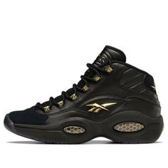 Reebok Question Mid Lux 'Black Gold' H01308 (SNKR/Retro/Basketball) Throwback Black Basketball Shoes For Streetwear, Black Urban Basketball Sneakers, Retro Black Basketball Shoes For Streetwear, Urban Black Basketball Sneakers, Urban Black Sneakers For Basketball, Retro Black Sneakers For Sports Events, Black Retro Sneakers For Sports Events, Throwback Black Basketball Shoes, Throwback Black Sneakers For Sports Events