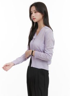 Product Detail Style : Casual, Minimal Occasion : Work wear Detail : Buttoned, See-through Print : Solid Material : Acrylic, Knit Sleeve : Long sleeve Neck : V neck Acrylic100 Color : Purple, Black, White Made in Korea Model Size Model is wearing size S/M and the color Purple. Height : 5'5" | 164cm / Top : XS / Bottom : S (25 inch) .prddescription table, .prddescription td, .prddescription th { border : 1px solid black; border-collapse : collapse; padding: 10px; } Size(Inch) Size Shoulder Bust S The Color Purple, Clean Fashion, Chic Cardigan, Festival Trends, Tank Top Straps, Prom Outfits, Knit Sleeve, Minimal Style, Front Tie Top