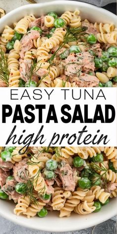 pasta salad with tuna and peas in a white bowl