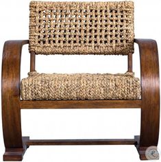 a wooden chair with woven seat padding on it's back and armrests