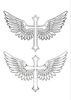 the cross with wings and an arrow on it is shown in black and white ink