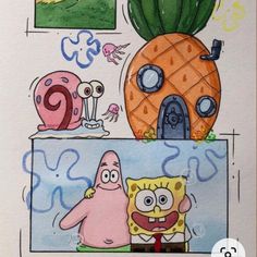 a drawing of spongebob and pineapple on a shelf with other items in the background