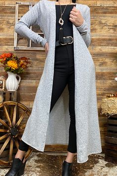 FW10319-3 Light grey long duster w/pockets Long Duster, Buy One Get One, Cardigan Coat, Cardigans For Women, Duster Coat, Light Grey, Turn Ons, Grey