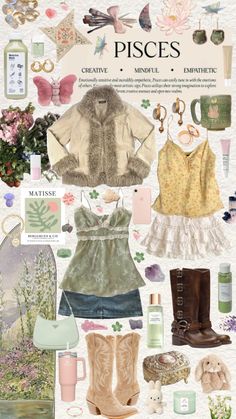 a collage of various items including boots, clothing and flowers