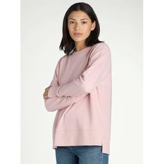 Time and Tru Women's Sweatshirt, Sizes XS - XXXL Color: Pink.  Gender: female.  Age Group: adult. Relaxed Fit Sweats For Spring, Pink Basic Sweatshirt With Relaxed Fit, Pink Relaxed Fit Basic Sweatshirt, Pink Casual Cozy Fit Sweatshirt, Pink Cozy Fit Casual Sweatshirt, Relaxed Fit Sweatshirt For Everyday, Solid Crew Neck Tops For Daywear, Pink Stretch Casual Sweatshirt, Basic Cozy Fit Cotton Tops