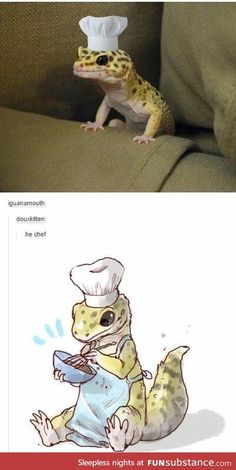 an animal with a chef's hat sitting on top of a couch next to another lizard