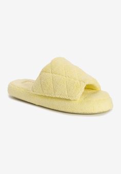 Wear your way of life in MUK LUKS® Toweling Slippers. These vibrant slides cushion feet with foam insoles while the soft terry toweling keeps you feeling just right all day long. Wipe with damp cloth. Do not bleach. Lay flat to dry. Imported.80% Polyester, 20% Cotton Upper80% Polyester, 20% Cotton LiningTPR OutsoleFoam Insole FootbedSlipper available in sizes US Women's Sizes S (5-6), M (7-8), L (9-10), XL (11-12) | Women's Oriole Slipper by MUK LUKS in Yellow (Size M(7/8)) Yellow Slippers, Trendy Slippers, Tunic Tank Tops, Swimsuits For All, Way Of Life, Cocktail Dress Party, 9 And 10, Lay Flat, Jumpsuit Dress