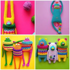 crocheted toys are displayed in four different pictures