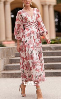 Be the elegant mother of the bride in this V-Neck Long Sleeves Ruched Floral A-Line Dress. The intricate floral pattern creates a feminine look, while the ruched detailing accentuates your figure. The long sleeves add a touch of sophistication, making it perfect for a cocktail event. Elegant Mother Of The Bride, Cocktail Dress Style, Mother Of Bride Dress, Elegant Summer Dresses, Homecoming Formal Dresses, Womens Trendy Dresses, Frock For Women, Iranian Women Fashion, Floral Chiffon Dress