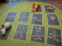 there are many pictures on the floor with stuffed animals