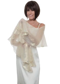 "This glamorous scarf is made for bridal or evening wear in a stunning gloss gold-on-cream color and is perfect for wedding ceremonies, evening parties and red carpet events. Made with finest quality fabric this wrap can be paired with the best designers dresses and gives a sense of glam luxury to your shoulders. Dimension: The full length of the scarf is about 66\" and the width on the central widest part is about 15\". Care Instructions: hand wash cool, hang up to dry, iron if needed. Before y Evening Organza Dupatta With Traditional Drape, Organza Dupatta For Evening With Traditional Drape, Fitted Elegant Shawl For Festive Occasions, Silk Shawl Scarf For Party, Glamorous Gold Dupatta Traditional Drape, Elegant Fitted Festive Shawl, Elegant Cream Shawl For Festive Occasions, Elegant Formal Dupatta With Traditional Drape, Elegant Beige Shawl For Festive Occasions