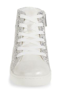 Sparkling glitter adds whimsical flair to these high-top sneakers outfitted with a side zipper for kid-approved finish. Side zip closure; lace-up style Synthetic upper/textile lining/synthetic sole Imported Synthetic Lace-up Sneakers With Glitter Accents, Sporty Glitter High-top Sneakers With Round Toe, Silver High-top Sneakers With Glitter Accents, Silver Glitter Print Lace-up Sneakers, Lace-up Synthetic Sneakers With Glitter Print, Glitter Print Lace-up Synthetic Sneakers, Lace-up Sneakers With Glitter Print, Synthetic Lace-up Sneakers With Glitter Print, Sporty High-top Sneakers For Party