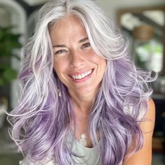 Grey Hair With Lavender Highlights, Silver With Purple Highlights, Silver Hair With Pink Highlights, Grey Hair With Purple, Silver Hair With Purple Highlights, Silver Hair With Purple, Gray Hair With Purple Highlights, Gray And Purple Hair, Purple And Grey Hair