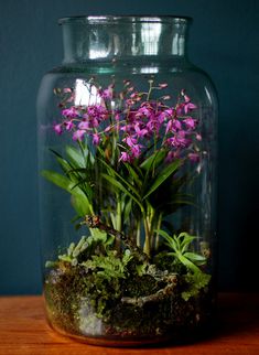 a glass vase filled with purple flowers on top of a wooden table