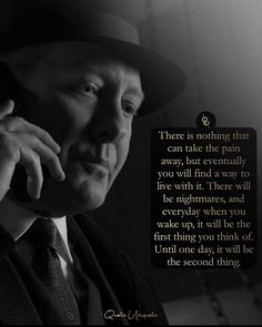 a man in a suit and tie talking on a cell phone with a quote above it