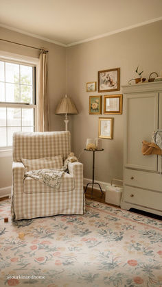 Cuddle up with @ourkinandhome in the Crawford Glider in Tan Gingham, a stunning centerpiece for this cozy nursery corner. Gingham Nursery, Closet Art, A Peaceful Place, I Want Her, Peaceful Place, Nursery Chair