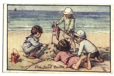 three children playing in the sand at the beach with an old fashioned postcard from the early 20th century