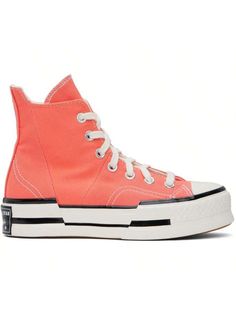 Converse 
Pink Chuck 70 Plus Sneakers 
High-top paneled canvas sneakers in pink. 
. Rubber cap toe 
. Lace-up closure 
. Extended tongue and heelllar 
. Logo patch and eyelets at inner side 
. Cusned OrthoLite® footbed 
. Rubberized logo patch at heel 
. Treaded rubber sole 
. Contrast stitching in white 
Supplierlor: Watermelon slushy/White/Black 
Upper: textile. Sole: rubber. 
Made in Viet Nam. 
241799F127064 
Pink Chuck 70 Plus Sneakers default         Sports & Outdoor Shoes, size features ar Pink Chuck 70, Watermelon Slushy, Chuck 70 Plus, Pink Chucks, Casual Athletic Shoes, Converse Pink, Chuck 70, Womens Athletic Shoes, Outdoor Shoes