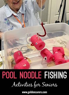 an older woman is holding up some fishing rods with eyeballs on them and the words pool noodle fishing activities for seniors