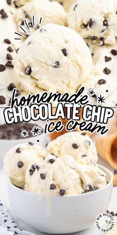 homemade chocolate chip ice cream in a white bowl with text overlay that reads homemade chocolate chip ice cream