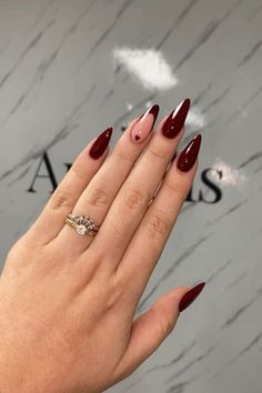 Wine Burgundy Nails, Red Nail Fall, Vintage Red Nails Retro, Burgandy Fall Nails 2022, Maroon Tips On Nails, Dark Red Nails With Design Ideas, Burgundy Nails Almond Shape, Wine Red Nails Almond, Deep Wine Nails