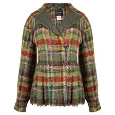 Extremely rare Chanel tartan green tweed jacket ~ from Runway of Paris / EDINBURGH Collection by Karl Lagerfeld Collectible piece ! Only very few were release worldwide! - marvellous jewel Gripoix buttons with CC logo - brown leather trim at collar Size mark 36 FR. Kept unworn Designer Wool Tweed Jacket For Fall, Designer Plaid Long Sleeve Outerwear, Designer Plaid Outerwear With Long Sleeves, Designer Plaid Outerwear For Winter, Designer Plaid Outerwear For Fall, Green Tweed Jacket For Winter, Green Long Sleeve Tweed Jacket For Winter, Winter Green Tweed Blazer, Green Wool Tweed Jacket With Long Sleeves