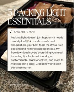 Wish You Could Pack Light? ✈️🧳 Here Are 5 Essentials You Need! 🔥✨ No more overpacking, stressing, or surprise fees—just 5 essentials for the ultimate carry-on strategy. 🎯 But the real game-changers? The Checklist & Mindset. 🧳✨ Without a solid plan and the right mindset, it’s easy to overpack and feel stressed. Plan ahead, stay focused, and keep it light—fewer things, more freedom! 🌍 Here’s what you need: 1️⃣ Luggage Scale: Keep your bag (and your wallet) in check—no more last-minute airport... Packing Hacks