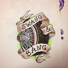 a drawing of a wheel and banner with the words swang & bang on it