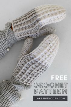 two knitted mittens sitting on top of each other with text overlay that says free crochet pattern