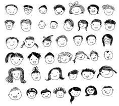 a set of hand drawn people faces with different expressions and haircuts on white background