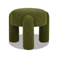 a green stool with three legs and a round foot rest in the middle, on a white background