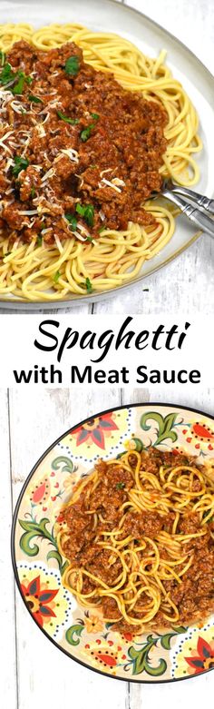 spaghetti with meat sauce is on a plate and next to the same pasta dish in a bowl