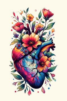 a drawing of a heart with flowers on it