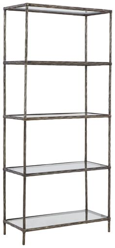 a metal shelf with glass shelves on each side and two shelves below the bottom one