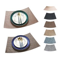 a table setting with plates and silverware on top of placemats in different colors