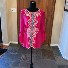 You Will Look Fabulous In This Hot Pink Top By Jm Collection In A Size Small. Floral Turquoise, White & Light Pink Floral Panel Down Front & Back. Nwt Pink Stretch Printed Blouse, Pink Stretch Blouse For Vacation, Fitted Pink Printed Blouse, Hot Pink Tops, Pink Tops, White Light, Pink Floral, Pink Blue, Light Pink