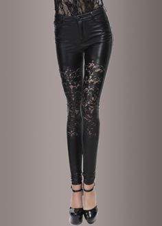 Let your inner rock goddess take the reins with these faux leather pants. Cut from soft black faux leather that looks and feel like the real thing - these skinny fit pants show off your edgy and polished style. The pants also feature a form fitting cut, beautiful brocade lace pattern cutout details, 5-pocket style, belt loops and zipper closure. Available in sizes S, M, L and XL. Made out of 66% synthetic leather and 34% polyester. Give your look a high-octane infusion with these stunning faux l Mermaid Sequin Dress, Velvet Bell Bottoms, Lace Bralette Top, Black Lace Choker, Polished Style, Black Lace Blouse, Black Lace Bralette, Bralette Tops, Faux Leather Pants