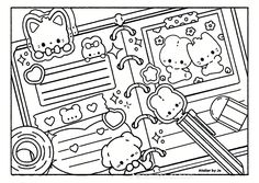 a coloring page with hello kitty and other things to color on the page, including pencils