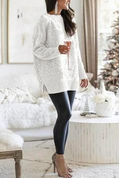 Meridress Crewneck Side Split Sequin Glitter Sweater Winter Pullover, Sequin Sweater, Winter Trends, Side Split, Winter Sweaters, Fall Winter Outfits, White Sweaters, Outerwear Women, Black Leggings