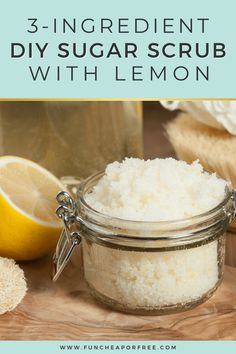 We love how easy our 3-ingredient DIY sugar scrub with lemon is! It's an amazing homemade exfoliator. Plus, it makes for a cheap and easy homemade gift! Perfect for Mother's Day, birthdays, Christmas, teacher's appreciation, and just because! Diy Sugar Scrubs, Sugar Scrub Homemade Recipe, Easy Sugar Scrub, Lemon Scrub, Lemon Sugar Scrub