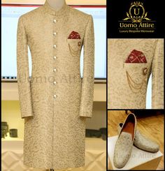 Description Completely Embroided Fabric Sherwani & Shoes with perfect fit for a perfect occassion. Designer Formal Bandhgala With Dabka Work, Designer Bandhgala With Dabka Work For Formal Occasions, Designer Bandhgala With Dabka Work For Formal Events, Designer Embroidered Bandhgala For Reception, Designer Fitted Bandhgala With Intricate Embroidery, Designer Party Sherwani With Resham Embroidery, Designer Bandhgala With Zari Work, Elegant Sherwani With Resham Embroidery, Designer Traditional Sherwani For Party