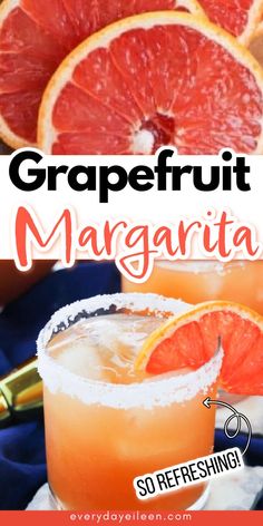 grapefruit margarita cocktail with oranges in the background and text overlay that reads grapefruit margarita