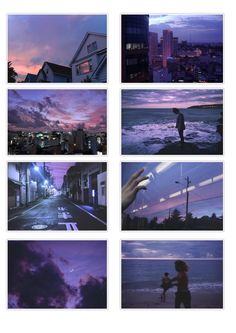 multiple pictures of people walking on the beach at sunset or dawn with buildings in the background