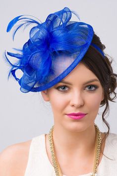 Royal Blue Fascinator - "Penny" Mesh Hat Fascinator with Mesh Ribbons and Royal Blue Feathers Hair Styles With Hats, Royal Blue Fascinator, Navy Blue Fascinator, Purple Fascinator, Fascinator Hats Diy, Blue Fascinator, Pink Fascinator, Fascinator Headband, Wide Brim Sun Hat