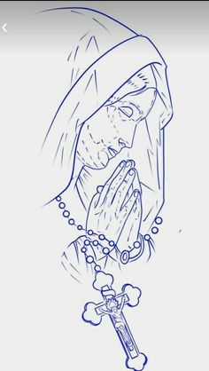 a drawing of a person praying with rosarys around their ankles and hands in front of her face