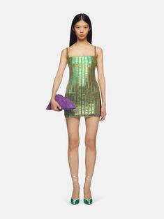 THE ATTICO ''Rue'' iridescent green mini dress Iridescent Dress, Italy Style, Iridescent Green, The Attico, Green Mini Dress, Mini Dresses For Women, Black Mini Dress, Winter 2023, Dress For Women